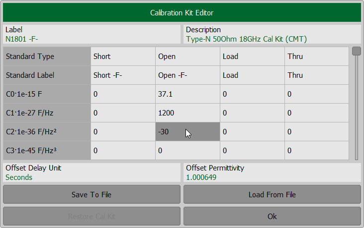 Calibration kit parametar editing