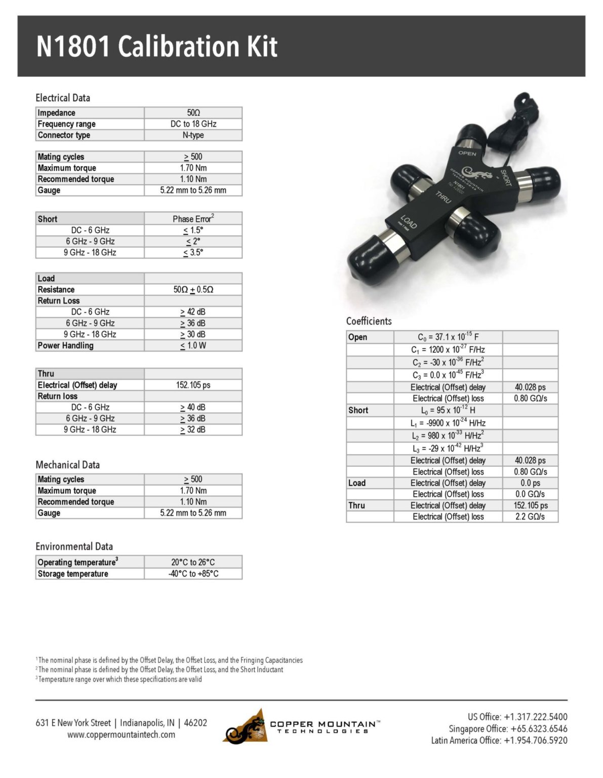 N1801 Calibration Kit Data Sheet DKM Copper Mountain Technologies